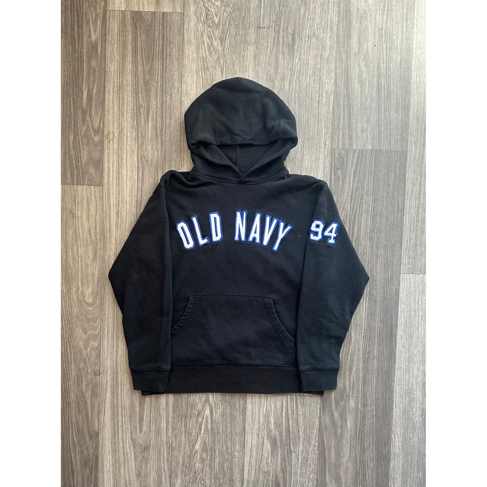 Old Navy Kids Black Pullover Hoodie Arched Logo 94 Sleeve Patch Size 12